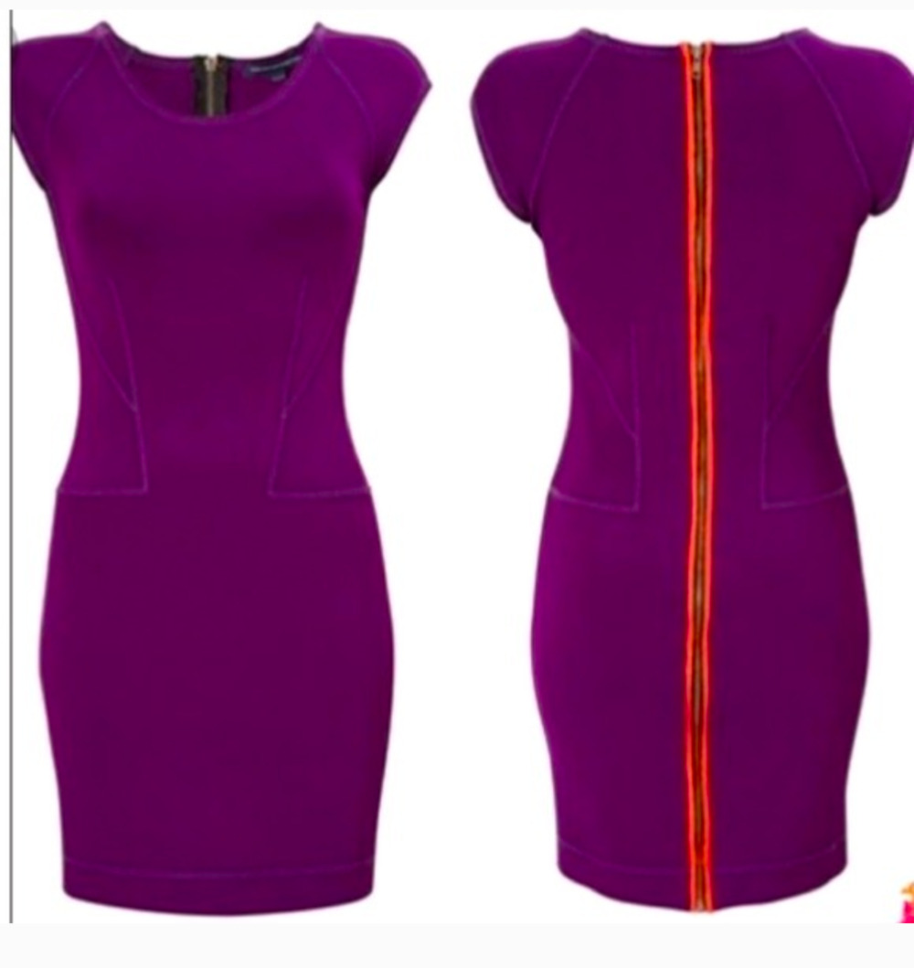 French Connection Size 6 Bodycon Dress Plum Purple & Orange Silk Trim Zipper